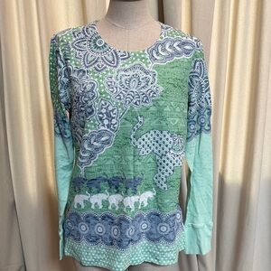 Whimsy Rose xL Women’s Green blue Long-Sleeve Top elephant motif cotton